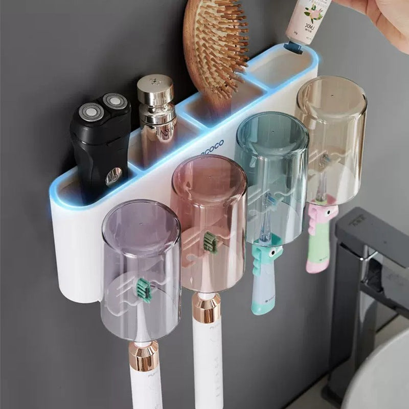 Wandmontierter Zahnbürstenhalter für das Badezimmer, ohne Bohren, Zahnpasta- und Zahnbürsten-Aufbewahrungsregal, transparentes Mundspülbecher- und Zahnputzbecher-Set