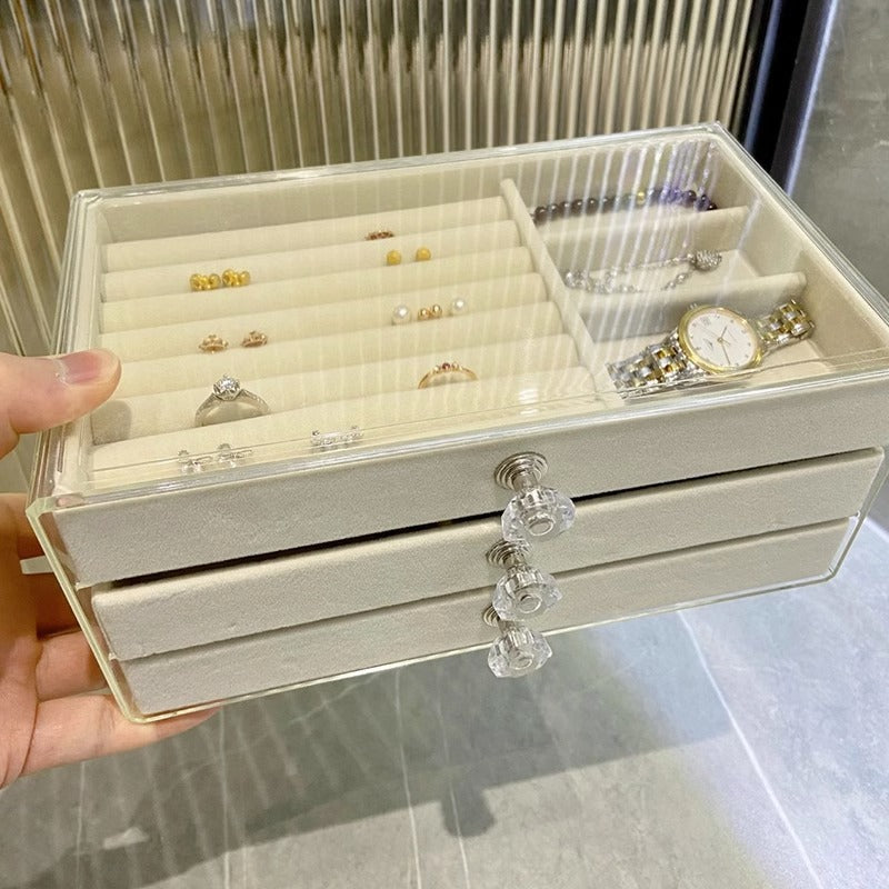 Mehrschichtiger Schmuckständer mit Schublade, transparente Ohrringbox, Schmuckaufbewahrungsbox, staubdichter Ohrring-Organizer für den Schminktisch