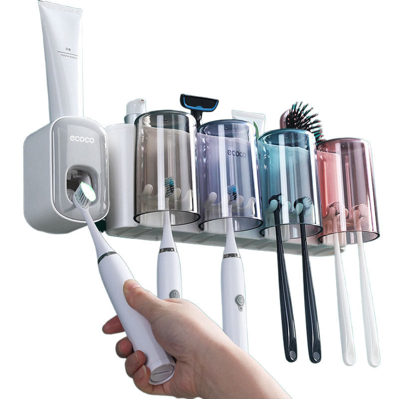 Wandmontierter Zahnbürstenhalter für das Badezimmer, ohne Bohren, Zahnpasta- und Zahnbürsten-Aufbewahrungsregal, transparentes Mundspülbecher- und Zahnputzbecher-Set